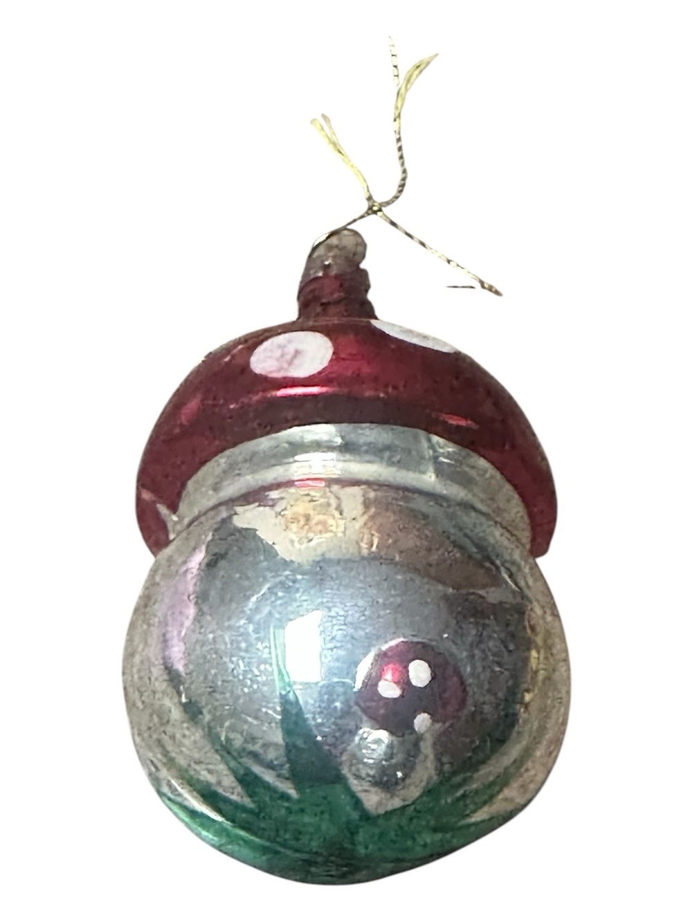 Vintage Red & Silver Mushroom Glass Holiday Ornament